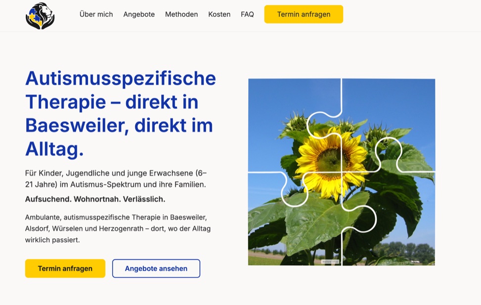 Startseite der Autismus-Therapie Baesweiler mit Kopfzeile, Überschrift und Sonnenblumen-Bild