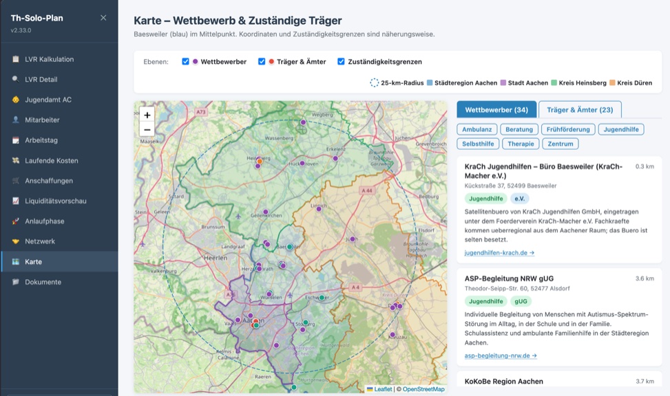 Kartenansicht des Planungswerkzeugs mit Umkreisradius und Zuständigkeitsgrenzen